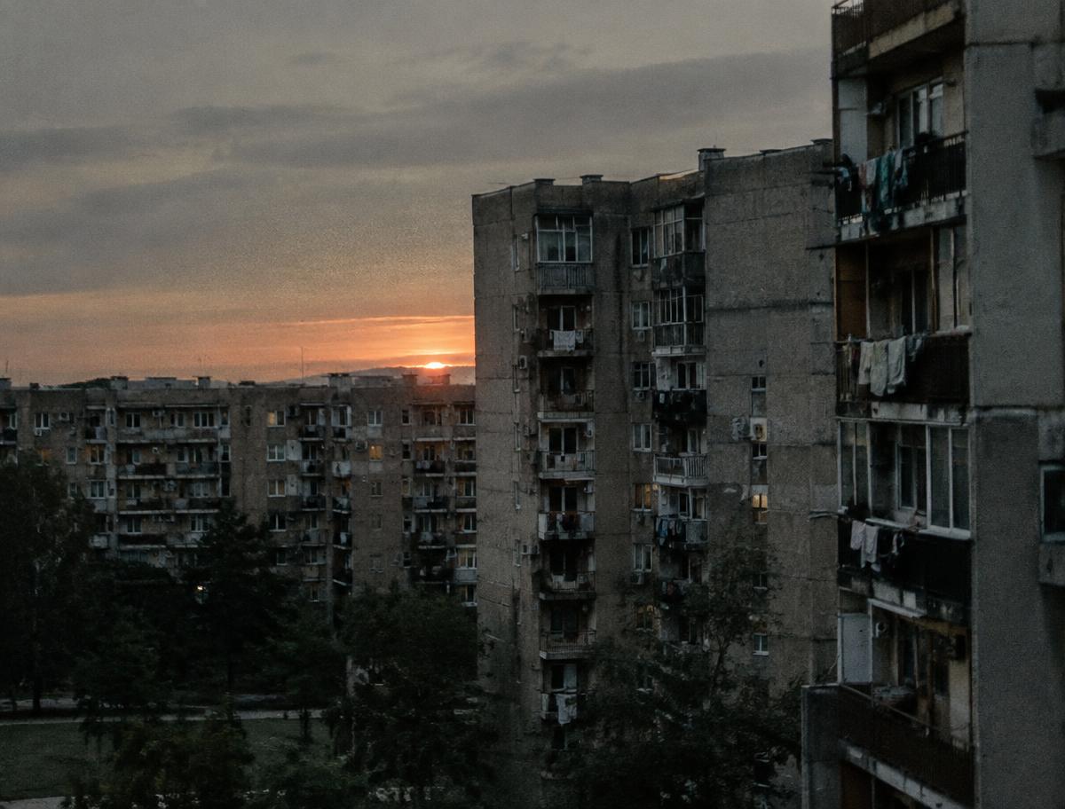 Socialist-era apartment blocks in New Belgrade at dusk